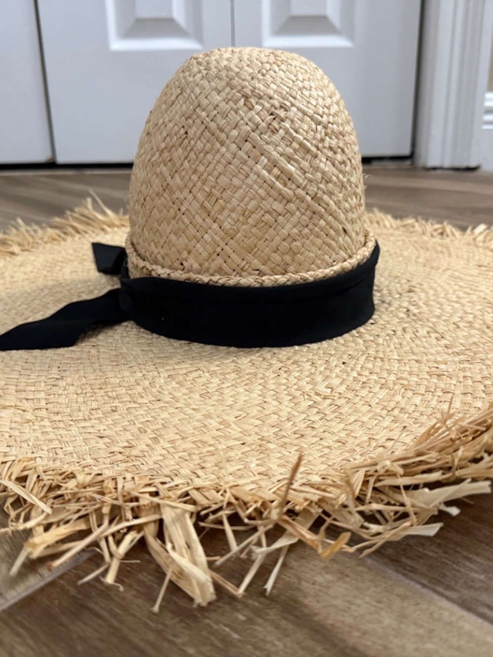 Burris Millinery Ete Natural Black Ribbon Frayed Straw Wide Rimmed Hat